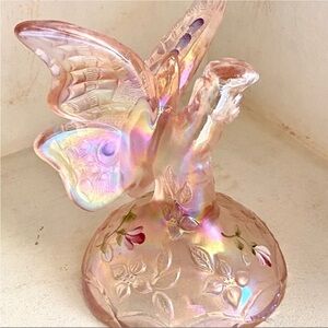 Vintage Fenton Hand pink painted Iridescent Butterfly Glass Sculpture